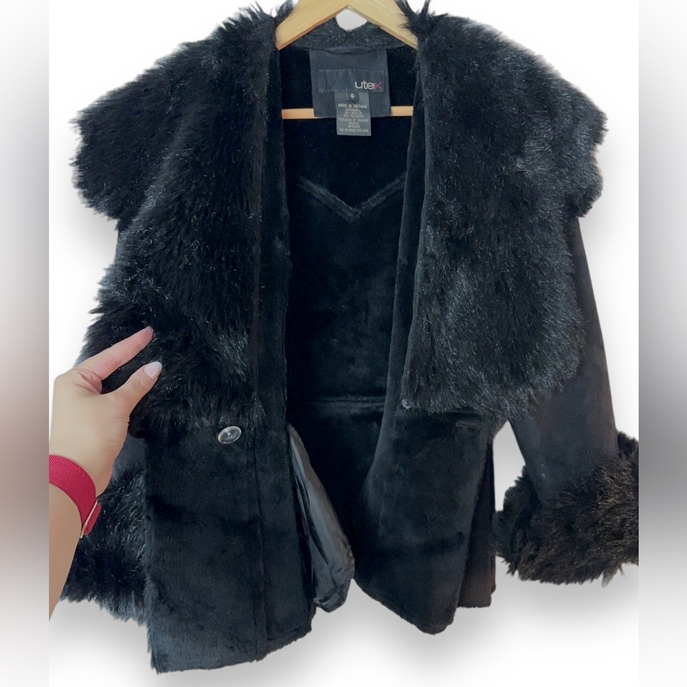 VINTAGE | L Faux Mink Faux Suede Super soft V-Neck Fall Winter Cozy Black Jacket - Picture 8 of 12